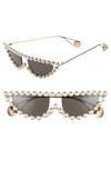 GUCCI 53MM CRYSTAL EMBELLISHED CAT EYE SUNGLASSES - GOLD/ PEARLS W/ SOLID GREY,GG0364S001