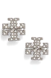 Tory Burch Crystal-embellished Logo Stud Earrings In Silver