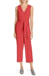 Tibi Belted Silk Jumpsuit In Cherry Red