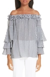 MICHAEL KORS GINGHAM TIERED SLEEVE OFF THE SHOULDER TOP,305AKM030