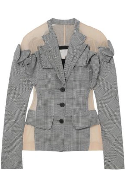 Antonio Berardi Tulle-paneled Checked Wool, Linen And Silk-blend Blazer In Grey