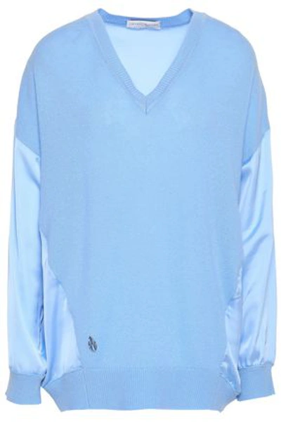 Amanda Wakeley Satin-paneled Cashmere And Wool-bend Jumper In Sky Blue