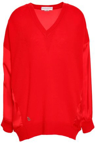 Amanda Wakeley Woman Satin-paneled Cashmere And Wool-bend Jumper Red