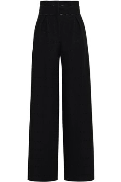 Amanda Wakeley Woman Leather-trimmed Perforated Wool-blend Wide-leg Trousers Black