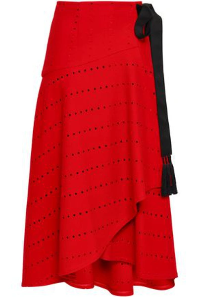 Amanda Wakeley Woman Tasseled Laser-cut Wool-blend Midi Wrap Skirt Red