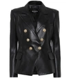 Balmain Black Double-breasted Jacket With Gold-colored Branded Buttons In Soft Leather Woman In Black