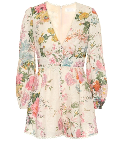 Zimmermann Pink And White Heathers Plunge Floral-print Linen Playsuit In Neutrals
