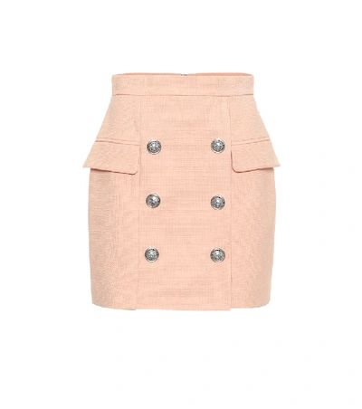 Balmain Pink Natte Cotton High Waist Mini Skirt In Light Pink