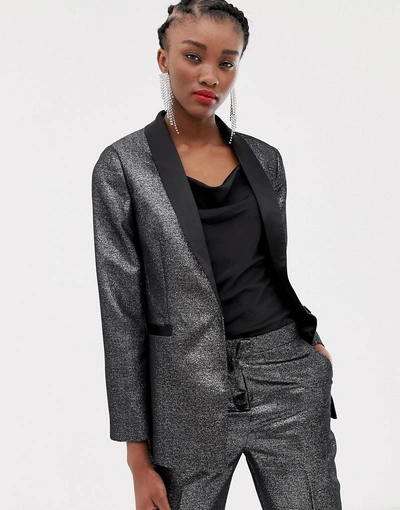 New Look Satin Tux Blazer In Silver - Silver