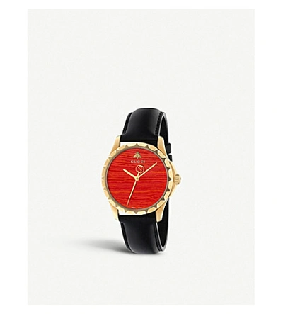 Gucci Ya126464 G-timeless Yellow-gold Pvd And Leather Watch In Black/red