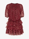 Saint Laurent Multi-dot Tiered Short-sleeve Metallic Silk Mini Dress In Red