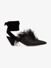 ATTICO ATTICO BLACK FEATHER EMBELLISHED 45 VELVET AND SATIN MULES,CARAV1BLACKMOIREFEATHERS12998323