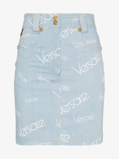 Versace High-rise Logo-print Knee-length Denim Skirt