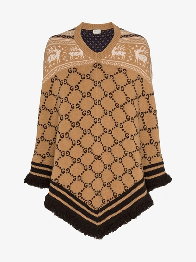 Gucci Gg Logo Knit Wool Poncho In Brown