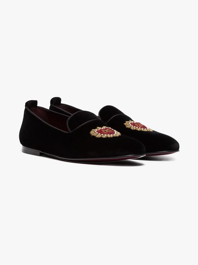 Dolce & Gabbana Black And Red Heart Embroidered Velvet Loafers