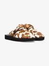 SUICOKE SUICOKE BROWN AND WHITE COW PRINT SHEEP SKIN AND CALF HAIR SLIPPERS,OG072VHL13155899