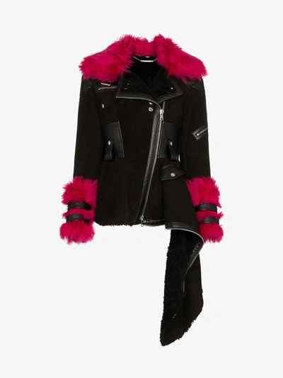 Alexander Mcqueen Asymmetric Leather-trimmed Shearling Jacket In Black/orchid