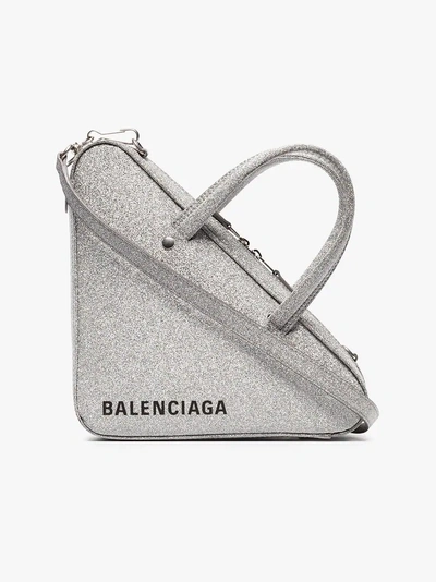 Balenciaga Silver Metallic Triangle Glitter Leather Shoulder Bag