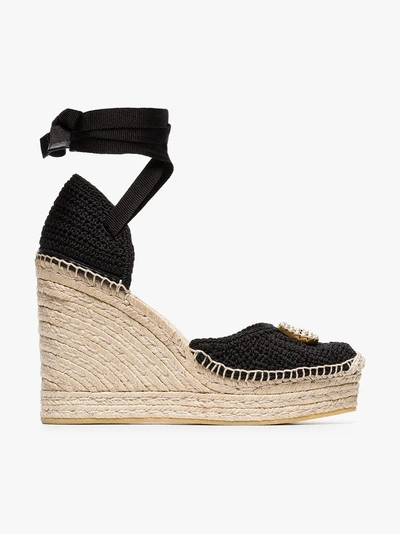 Gucci Lilibeth Logo-embellished Crocheted Cotton Wedge Espadrilles In Black