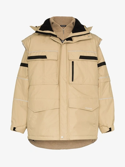 Balenciaga Oversized Convertible Shell And Virgin Wool Hooded Parka In Neutrals