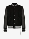 MASTERMIND JAPAN MASTERMIND WORLD LOGO EMBELLISHED LEATHER VARSITY JACKET,MW18S01BL00510113191483