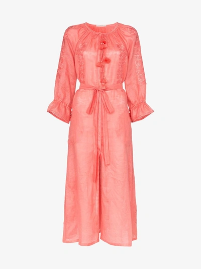 Vita Kin Embroidered Linen Midi Dress In Pink