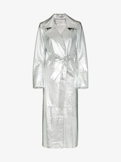 Skiim Karla Belted Leather Trench Coat In Silver