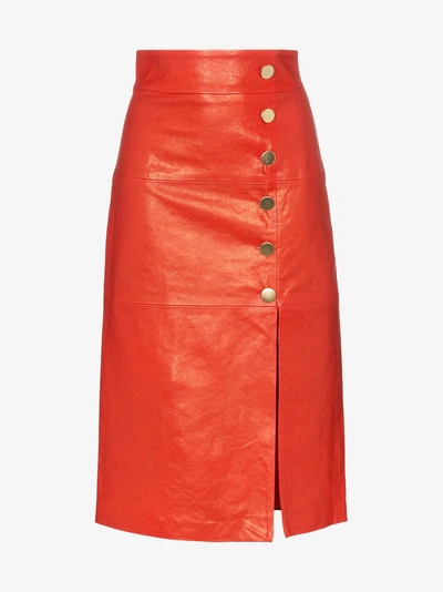 Skiim Lucy Button Down Leather Midi Skirt In Red