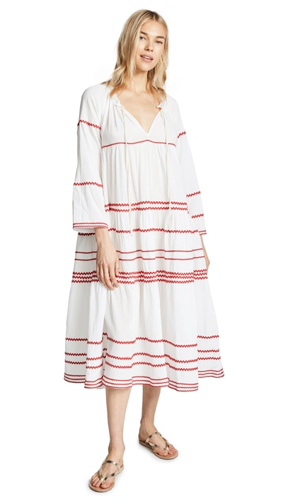 9seed Majorca Long Sleeve Ruffle Tier Maxi Dress In White/red