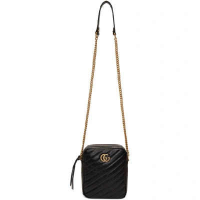 Gucci Gg Marmont Tall Chevron Leather Crossbody Bag In Black Matelassé Leather