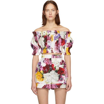 Dolce & Gabbana Cropped Off-the-shoulder Floral-print Shirred Cotton-poplin Top In Floral Print
