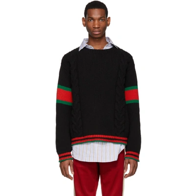 Gucci Web Stripe Cable Knit Wool Sweater In Black