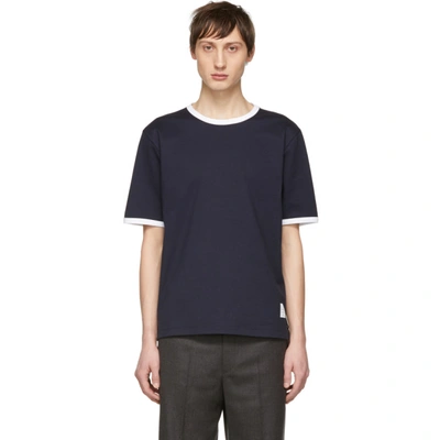 Thom Browne Mens Navy Ringer Brand-patch Stretch-wool T-shirt In Blue