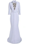 BADGLEY MISCHKA WOMAN EMBELLISHED BELTED CREPE GOWN STONE,AU 10259680434798150