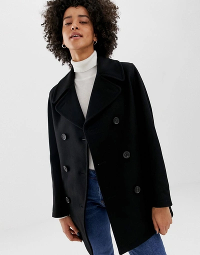 Gloverall Reefer Double Breasted Coat In Wool Blend-black