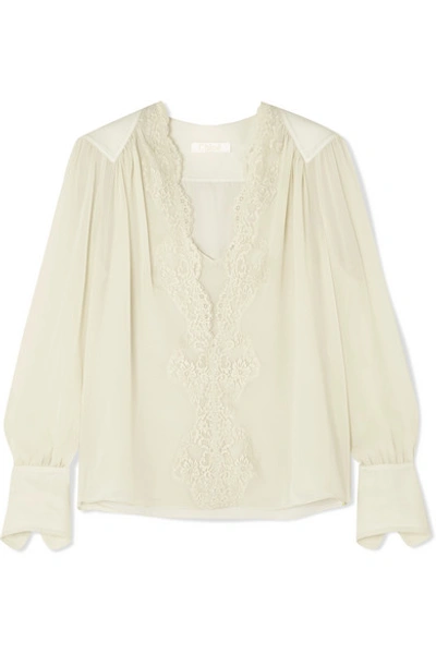 Chloé Lace-trimmed Silk-georgette Blouse In Light Grey