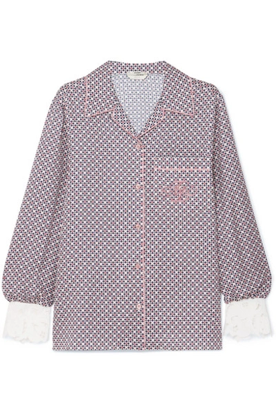 Fendi Guipure Lace-trimmed Printed Silk Blouse In Pink