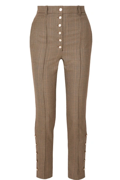 Hillier Bartley Button-embellished Checked Wool Skinny Trousers In Brown