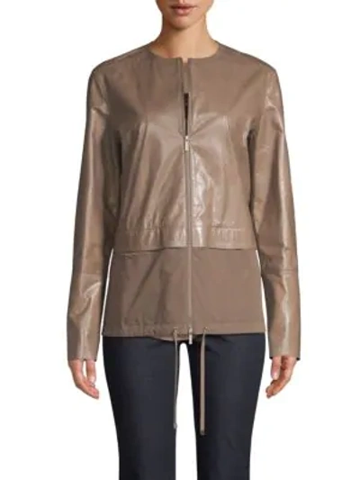 Lafayette 148 Albany Lacquered Leather Jacket W/ Cotton Combo In Fawn