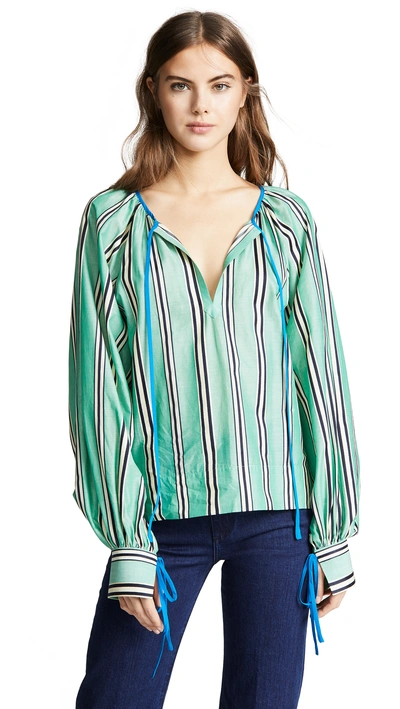 Anna October Stripe Printed Round Neck Cotton Blouse In Green