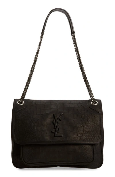 Saint Laurent Medium Niki Croc-embossed Shoulder Bag In Black