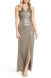 ADRIANNA PAPELL RUCHED METALLIC JERSEY GOWN,AP1E204648