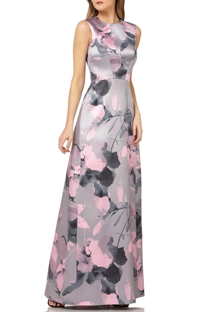 Kay Unger Sleeveless Floral-print Mikado Gown In Pinkgrey