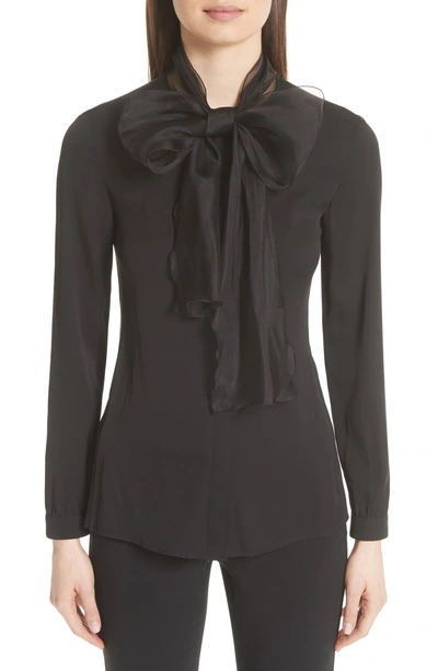 Emporio Armani Long-sleeve Silk Georgette Blouse W/ Tie Collar In Black