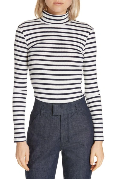 Frame Striped Ribbed Stretch-knit Turtleneck Top In Off White