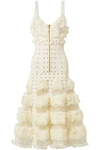 ALEXANDER MCQUEEN ALEXANDER MCQUEEN WOMAN STUDDED RUFFLED STRETCH-KNIT MIDI DRESS CREAM,3074457345619774229