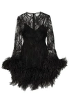 ALEXANDER MCQUEEN ALEXANDER MCQUEEN WOMAN FEATHER-TRIMMED LACE MINI DRESS BLACK,3074457345619765234