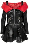 ALEXANDER MCQUEEN COLD-SHOULDER EMBELLISHED TWO-TONE LEATHER TOP,3074457345619775943