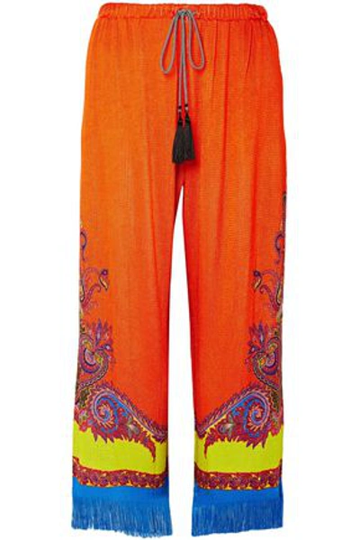 Etro Fringe-trimmed Printed Stretch-knit Wide-leg Trousers In Orange