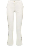 ETRO EMBROIDERED GROSGAIN-TRIMMED HIGH-RISE KICK-FLARE JEANS,3074457345619742463